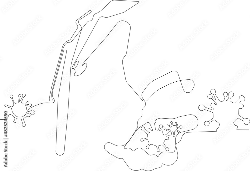 Continuous one-line drawing of a doctor surrounded by viruses in the laboratory, microbiological and pharmaceutical research, medicine and health care.