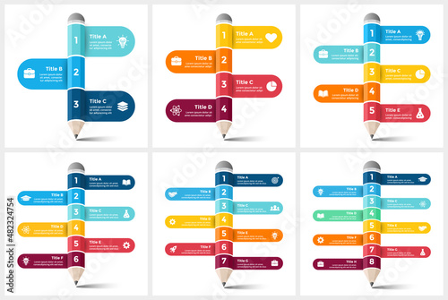 Pencil write infographic. Educational 3D concept. 3, 4, 5, 6, 7, 8 steps options diagram. Vector chart template. Creative colorful illustration.  photo