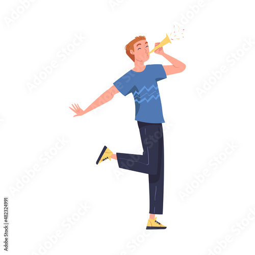 Man Blowing Whistle Celebrating Birthday Holiday Vector Illustration