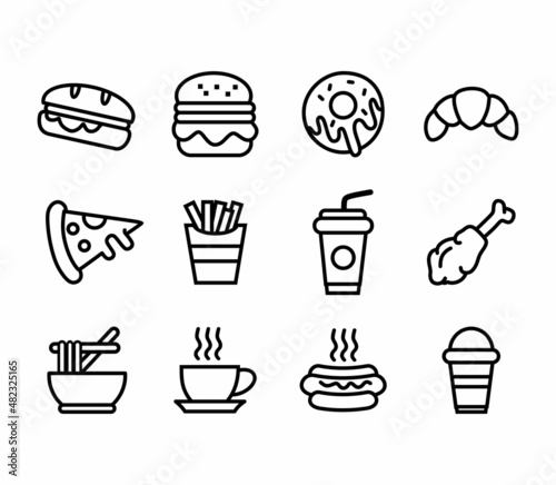 fast food and drink icons set vector line style, editable stroke