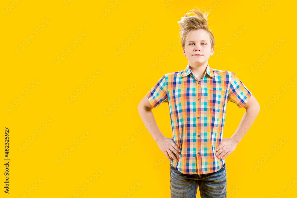 Naughty teenager. Restless schoolboy. Cute boy with a funny face and unkempt hairstyle on a yellow background Naughty teenager. Restless schoolboy. Cute boy with a funny face and unkempt hairstyle on a yellow background