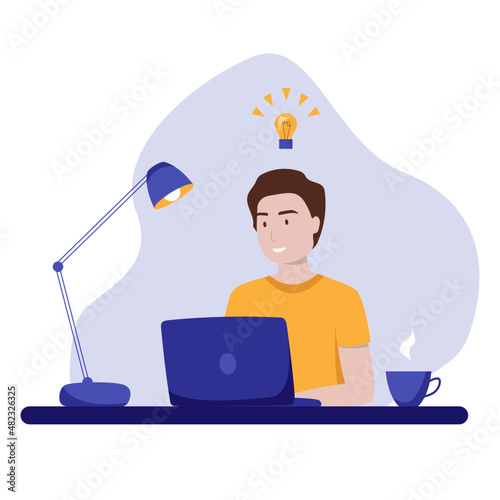 A man works at a laptop and deciding  work tasks. The worker at the desk thinking about ideas. Vector illustration concept of business, IT, time and project management