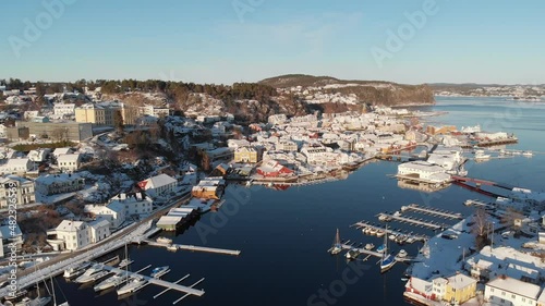 Boats Moored At Kragerø Marina On A Sunny Winter Day In Norway. - aerial photo