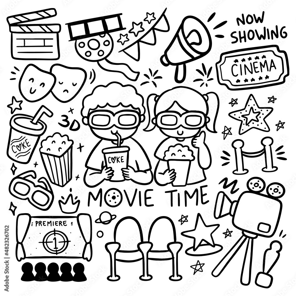 Obraz premium Set of Hand Drawn Kawaii Movie Time Vector Illustration
