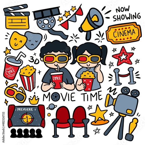 Set of Hand Drawn Kawaii Movie Time Vector Illustration