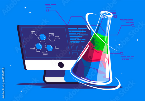 vector illustration of a flask with chemicals with a computer monoblock on the screen chemical formula with substance parameters