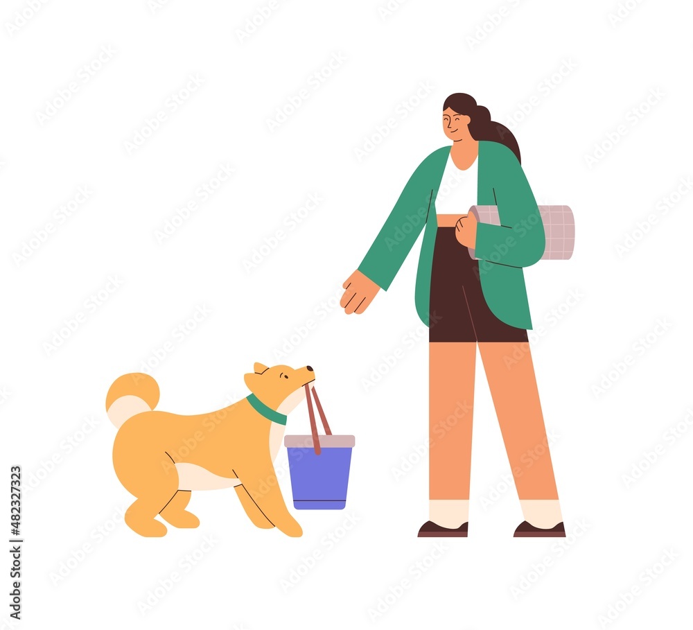 Person and dog get ready to go for walk and rest in nature. Woman and doggy preparing for strolling and relaxing outdoors. Pet owner and puppy. Flat vector illustration isolated on white background