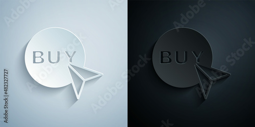 Paper cut Buy button icon isolated on grey and black background. Paper art style. Vector