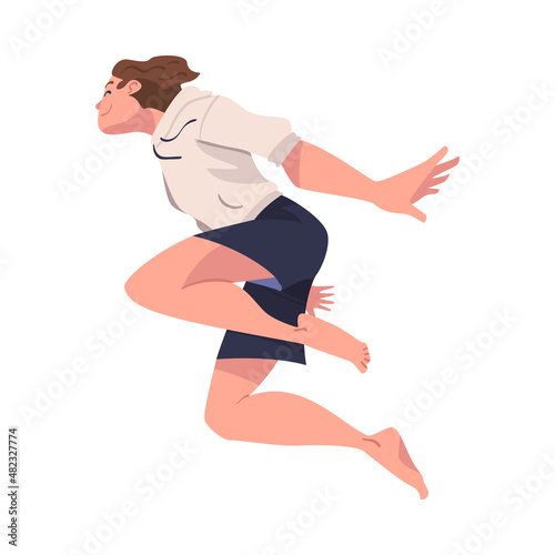 Jumping Man Character Feeling Freedom and Motion Flying in Mid Air Vector Illustration