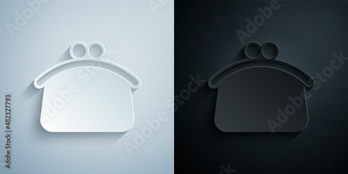 Paper cut Wallet icon isolated on grey and black background. Purse icon. Cash savings symbol. Paper art style. Vector