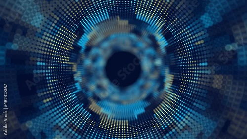 Futuristic tunnel. Wormhole. Digital abstract blue and yellow portal on dark background. Big data. Seamless loop.