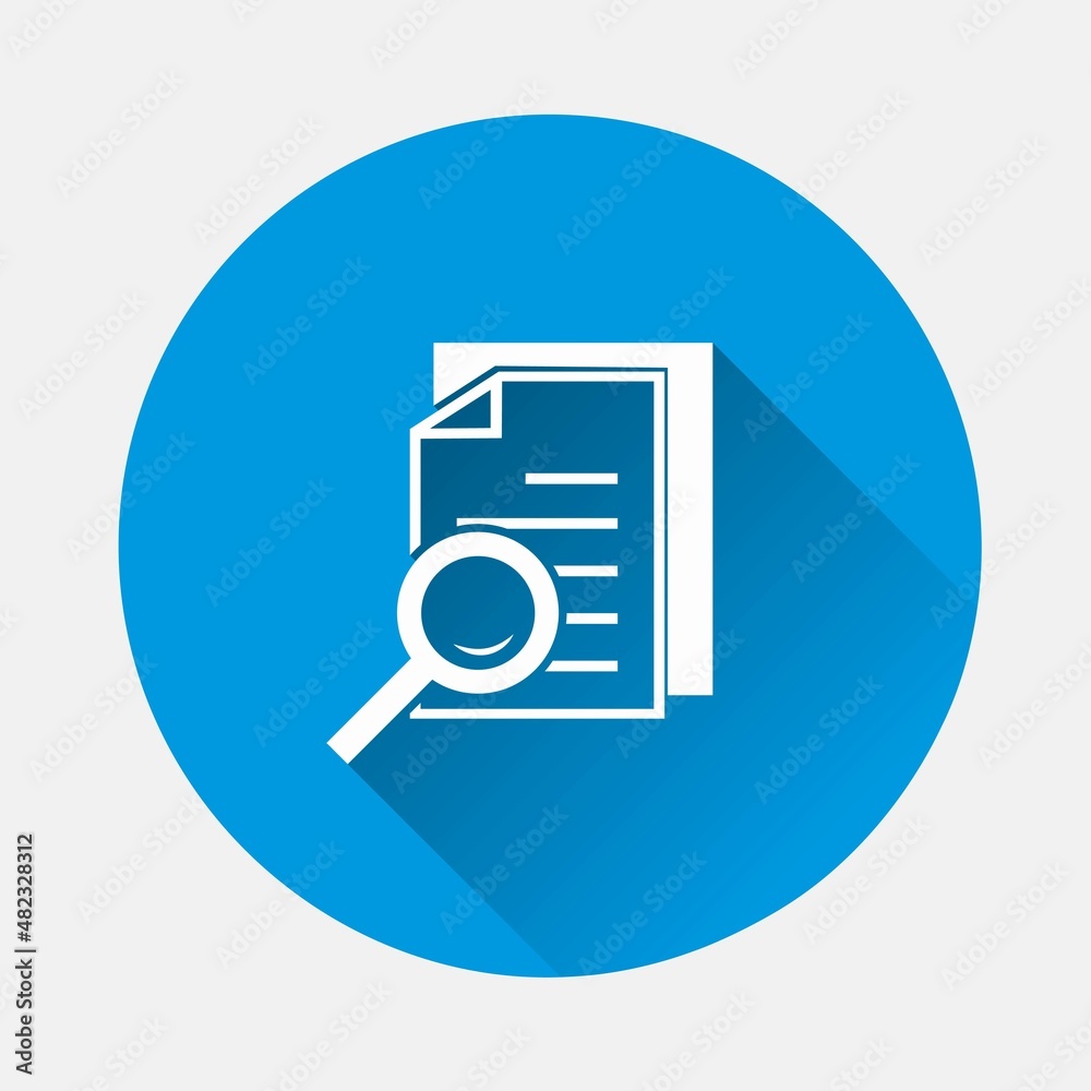 Vector document icon and magnifier. File search icon. Document verification symbol on blue background. Flat image with long shadow. Layers grouped for easy editing illustration. For your design. Vector document icon and magnifier. File search icon. Document verification symbol on blue background. Flat image with long shadow. Layers grouped for easy editing illustration. For your design.
