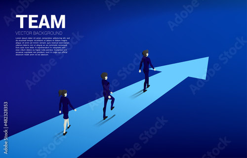 Silhouette of businessman and businesswoman walking on forward arrow. Concept of career path and start business
