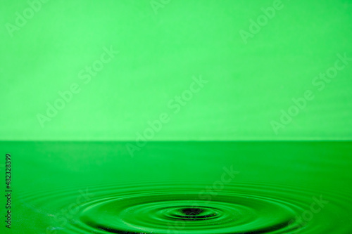 Bright green background with diverging circles from dropped drop on surface water.