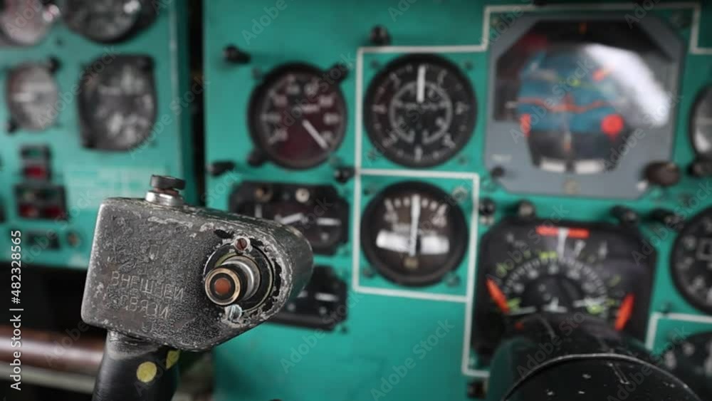 The front panel in front of the co-pilot and the steering wheel in the Soviet strategic turboprop bomber Tu-95. The cockpit is inside. Natural light. Full HD.120 fps.