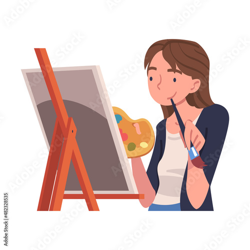Young Woman in Self-isolation with Brush and Palette Drawing Picture with Easel Vector Illustration
