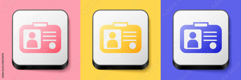 Isometric Taxi driver license icon isolated on pink, yellow and blue background. Square button. Vector Isometric Taxi driver license icon isolated on pink, yellow and blue background. Square button. Vector