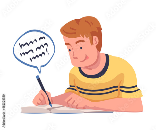 Young Man in Self-isolation Writing Story in Notebook Vector Illustration