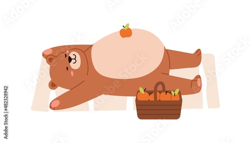 Cute lazy bear relaxing with full stuffed belly up. Funny teddy animal lying after eating. Happy adorable childish character. Flat graphic vector illustration of glutton isolated on white background