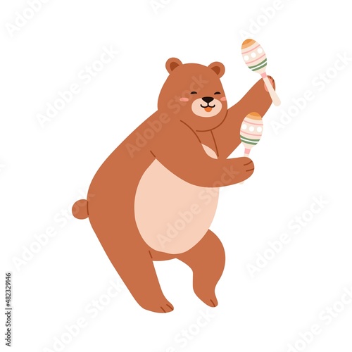 Cute happy bear playing music with maracas. Funny teddy animal dancing and rejoicing. Baby character with Mexican rumba shakers. Childish flat vector illustration isolated on white background