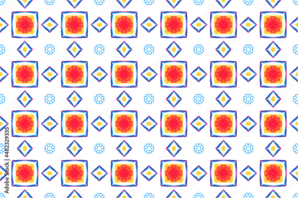 Abstract pattern on a colored background. Background with elements of geometric shapes. Geometric ornament. A kaleidoscope consisting of mandalas. Abstract wallpaper.