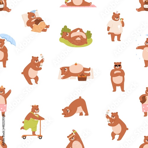 Cute bear pattern. Seamless background with funny teddy animals print. Endles...
