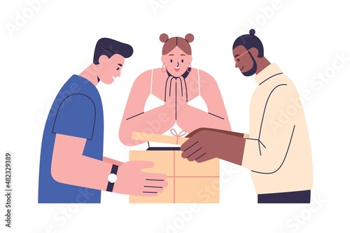 Happy people opening gift box together. Excited men and woman with present pack in hands. Person receiving birthday surprise and rejoicing. Flat vector illustration isolated on white background