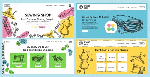 Sewing shop concept, web page template design set