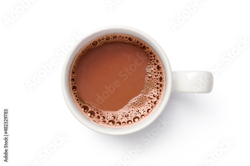 Cocoa drink in white mug isolated on white background. Clipping path