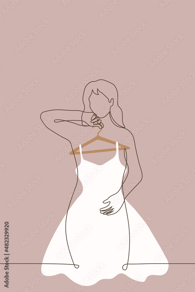 woman stands holding wedding dress to her body which hangs on hanger - one line drawing vector. concept bride chooses wedding dress woman stands holding wedding dress to her body which hangs on hanger - one line drawing vector. concept bride chooses wedding dress