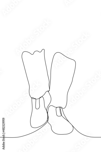 human legs in sneakers go towards viewer - one line drawing vector. concept of walking, breaking in new shoes