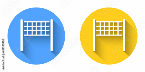 White Volleyball net icon isolated with long shadow background. Circle button. Vector
