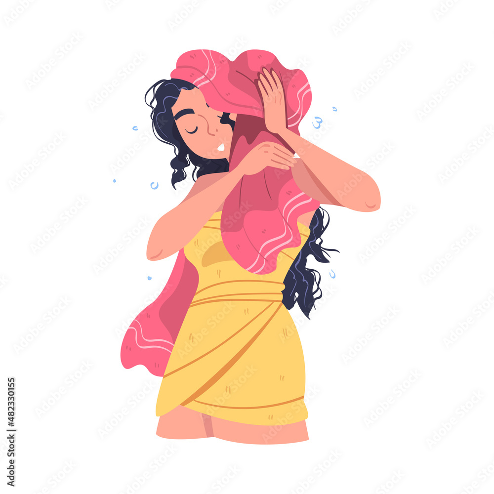 Woman Character In Bathroom Doing Hygiene Procedure Drying Wet Hair with Towel Vector Illustration