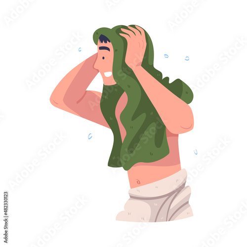 Man Character In Bathroom Doing Hygiene Procedure Drying Wet Hair with Towel Vector Illustration
