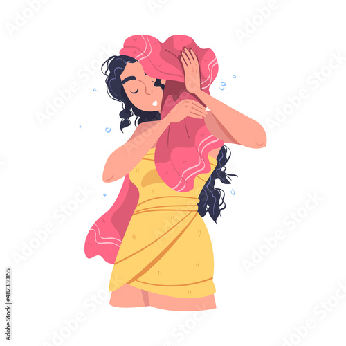 Woman Character In Bathroom Doing Hygiene Procedure Drying Wet Hair with Towel Vector Illustration