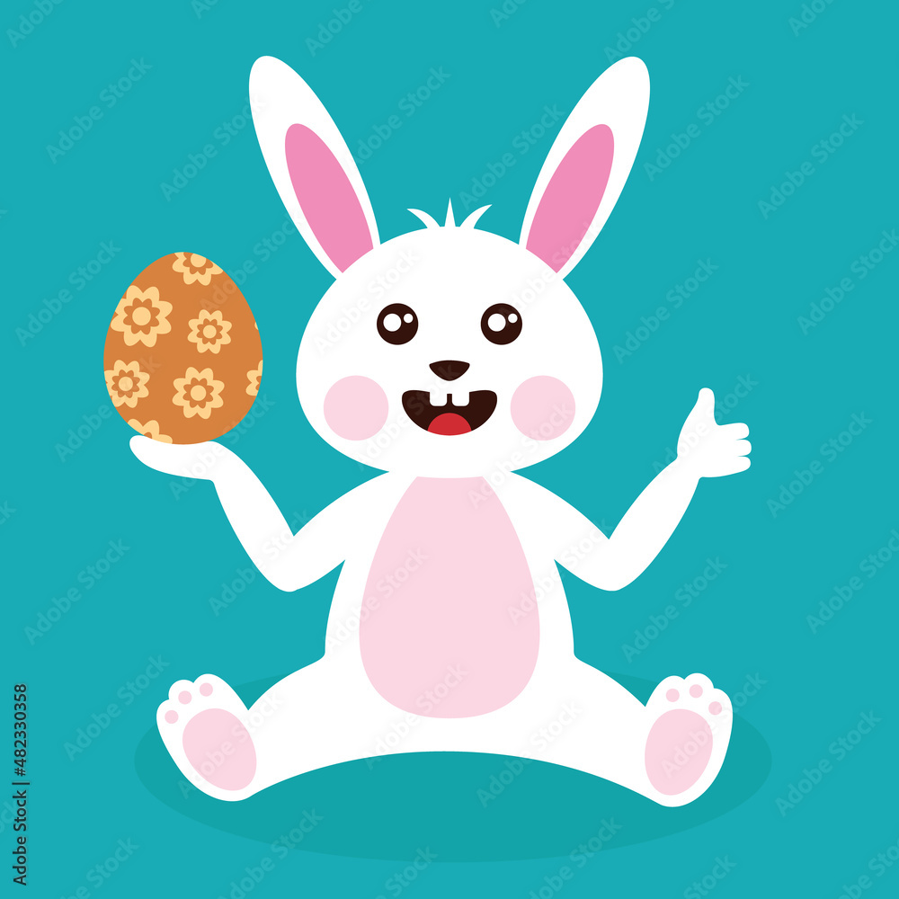 Cute cartoon white Easter bunny rabbit holding an Easter egg and giving a thumb up. Vector illustration. Cute cartoon white Easter bunny rabbit holding an Easter egg and giving a thumb up. Vector illustration.