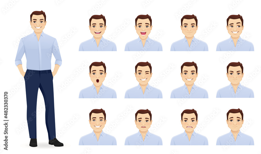 Handsome business young man in blue shirt with different facial expressions set vector illustration isolated Handsome business young man in blue shirt with different facial expressions set vector illustration isolated