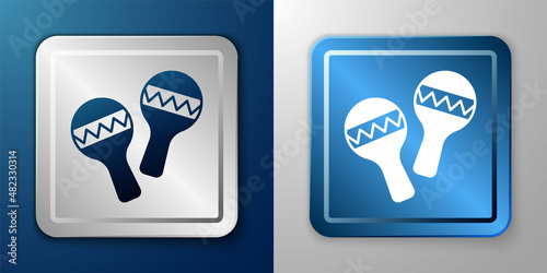 White Maracas icon isolated on blue and grey background. Music maracas instrument mexico. Silver and blue square button. Vector