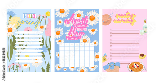 Collection of Spring planner, to do list, schedule witn spring elements, flowers. Editable Vector Illustration.
