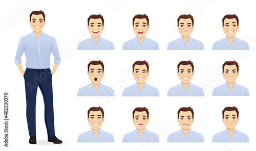 Handsome business young man in blue shirt with different facial expressions set vector illustration isolated