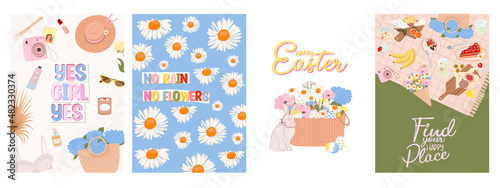 Collection of Spring greeting or invitation cards, Spring picnic, Easter, Woman's Day, Hello Spring. Editable Vector Illustration.