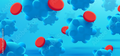 Coronavirus mutation vector background with 3d disease molecules and red corpuscles. Virus abstract background