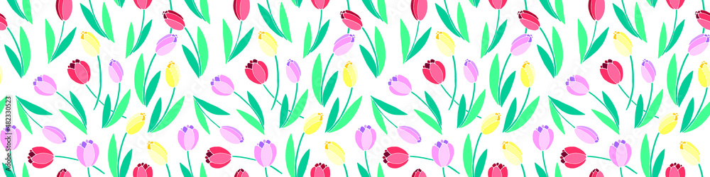 Naklejka premium Vector bright seamless pattern with scattered red, pink, yellow tulip flowers. Spring holiday texture for wrapping paper, textile, greeting card, mother's, women's or Valentine's Day