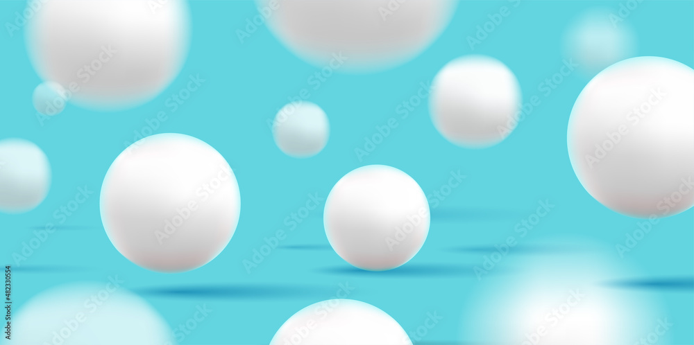 Falling white soft spheres on blue background, abstract 3d shapes jumping in space, dynamic wallpaper with white balls Falling white soft spheres on blue background, abstract 3d shapes jumping in space, dynamic wallpaper with white balls