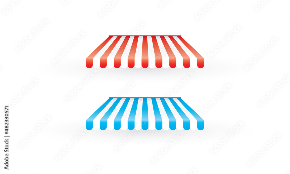 Blue and Red shop sunshade isolated on white background, Outdoor market tent, Roof canopy, Summer street store. Blue and Red shop sunshade isolated on white background, Outdoor market tent, Roof canopy, Summer street store.