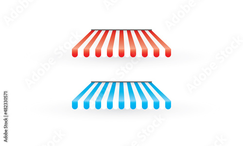 Fototapeta Naklejka Na Ścianę i Meble -  Blue and Red shop sunshade isolated on white background, Outdoor market tent, Roof canopy, Summer street store.