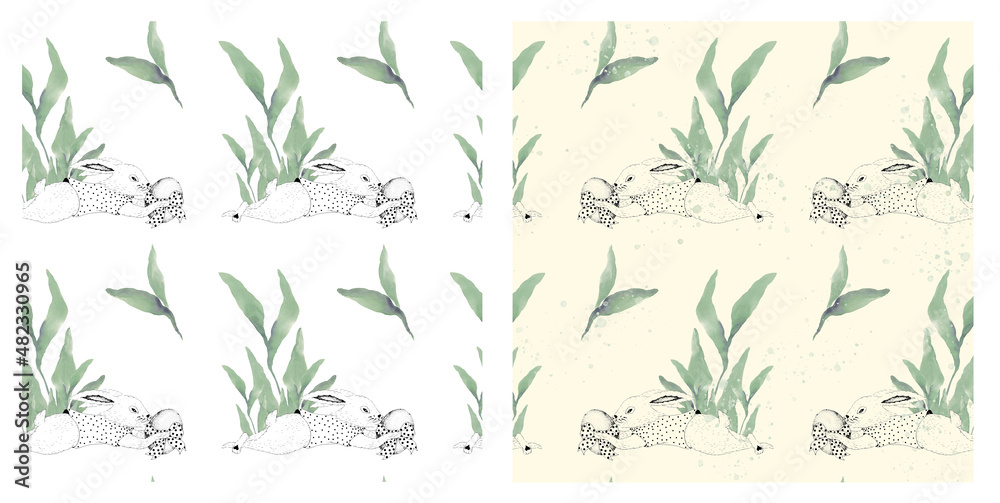 Set of seamless patterns with easter bunny and watercolor branches. The template can be used for gift box design, social media, branding Set of seamless patterns with easter bunny and watercolor branches. The template can be used for gift box design, social media, branding