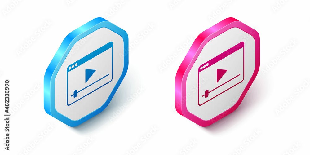 Isometric Online play video icon isolated on white background. Film strip with play sign. Hexagon button. Vector Isometric Online play video icon isolated on white background. Film strip with play sign. Hexagon button. Vector