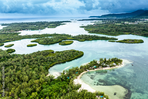 Mauritius, Helicopter view of bays of Ile aux Cerfs island photo