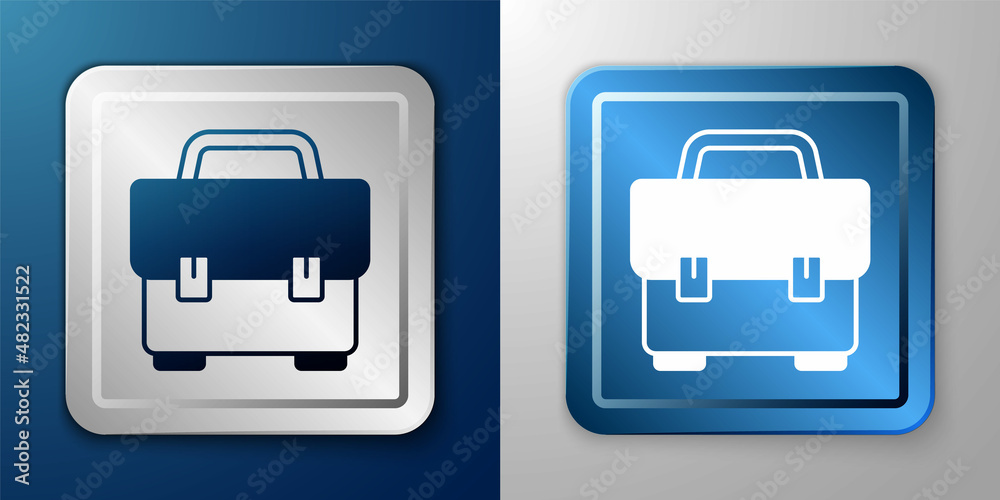 White Toolbox icon isolated on blue and grey background. Tool box sign. Silver and blue square button. Vector White Toolbox icon isolated on blue and grey background. Tool box sign. Silver and blue square button. Vector